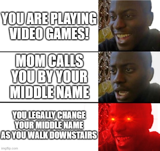 HAHAHAH HAS THIS EVER HAPPENED TO YOU!!!!!! LOL MEME. | YOU ARE PLAYING VIDEO GAMES! MOM CALLS YOU BY YOUR MIDDLE NAME; YOU LEGALLY CHANGE YOUR MIDDLE NAME AS YOU WALK DOWNSTAIRS | image tagged in memes,funny,gifs,demotivationals,pie charts,dogs | made w/ Imgflip meme maker