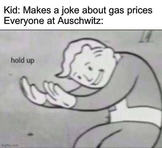 Fallout Hold Up |  Kid: Makes a joke about gas prices 
Everyone at Auschwitz: | image tagged in fallout hold up | made w/ Imgflip meme maker