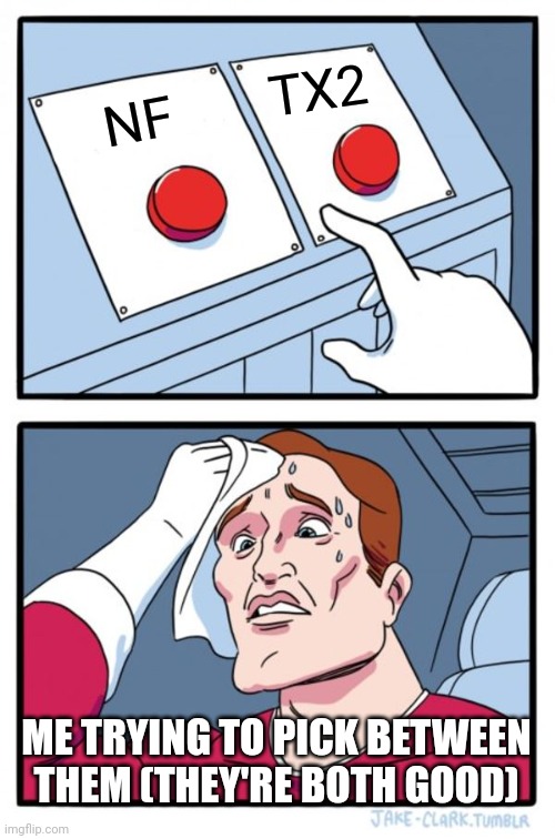 Two Buttons | TX2; NF; ME TRYING TO PICK BETWEEN THEM (THEY'RE BOTH GOOD) | image tagged in memes,two buttons | made w/ Imgflip meme maker