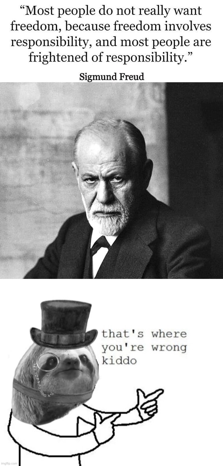 Oh yeah? Responsibility? How about freedom with a side of more freedom? Suck it, Sigmund | image tagged in sigmund freud quote,freedom,more freedom,freedomer,freedomest,doubleplusfreedom | made w/ Imgflip meme maker