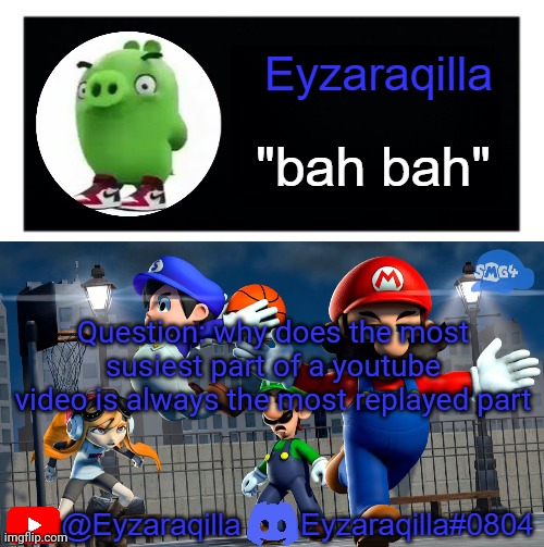 Eyzaraqila template v3 | Question: why does the most susiest part of a youtube video is always the most replayed part | image tagged in eyzaraqila template v3 | made w/ Imgflip meme maker