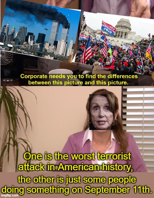 Think what we tell you to think! | One is the worst terrorist attack in American history, the other is just some people doing something on September 11th. | image tagged in they're the same picture,political meme,nancy pelosi,world trade center,protests,terrorism | made w/ Imgflip meme maker
