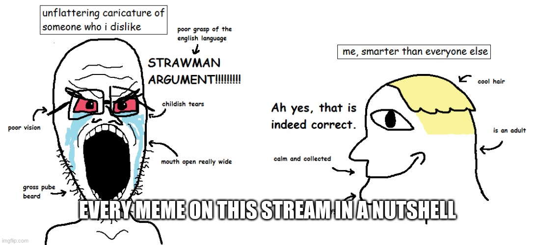 bruh | EVERY MEME ON THIS STREAM IN A NUTSHELL | image tagged in coaxedintoasnafu,parody,wojak,antimeme,strawman,dumb | made w/ Imgflip meme maker