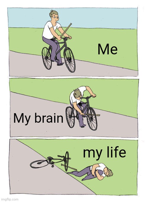 Epic fails of life | Me; My brain; my life | image tagged in memes,bike fall | made w/ Imgflip meme maker