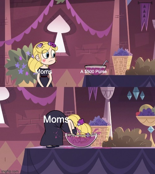 I'LL TAKE YOUR ENTIRE STOCK | A $500 Purse; Moms; Moms | image tagged in star butterfly shoving her face into the juice bowl,svtfoe,memes,star vs the forces of evil,mom,moms | made w/ Imgflip meme maker