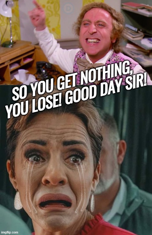 ❅❅❅ sKARI snowfLAKE can go away mad AF for all i care ❅❅❅ | SO YOU GET NOTHING, YOU LOSE! GOOD DAY SIR! | image tagged in willy wonka you get nothing,kari lake,special snowflake,extreme,radical,crazy bitch | made w/ Imgflip meme maker