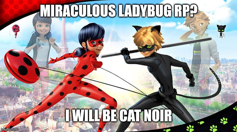 (You can be Marinette or your own oc, if romance choose Marinette, no killing and no erp) | MIRACULOUS LADYBUG RP? I WILL BE CAT NOIR | image tagged in miraculous ladybug | made w/ Imgflip meme maker