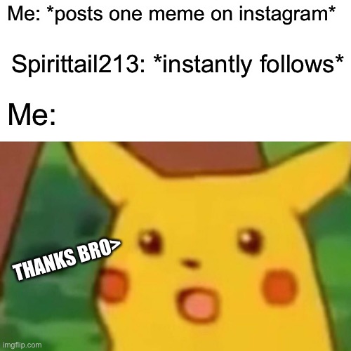 That was nice |  Me: *posts one meme on instagram*; Spirittail213: *instantly follows*; Me:; THANKS BRO> | image tagged in memes,surprised pikachu,follow,instagram,funny memes | made w/ Imgflip meme maker