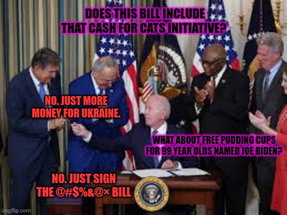 DOES THIS BILL INCLUDE THAT CASH FOR CATS INITIATIVE? NO. JUST MORE MONEY FOR UKRAINE. WHAT ABOUT FREE PUDDING CUPS FOR 99 YEAR OLDS NAMED J | made w/ Imgflip meme maker