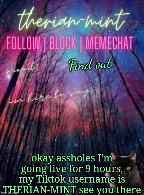 Therian | Find out; okay assholes I'm going live for 9 hours, my Tiktok username is THERIAN-MINT see you there | image tagged in therian | made w/ Imgflip meme maker