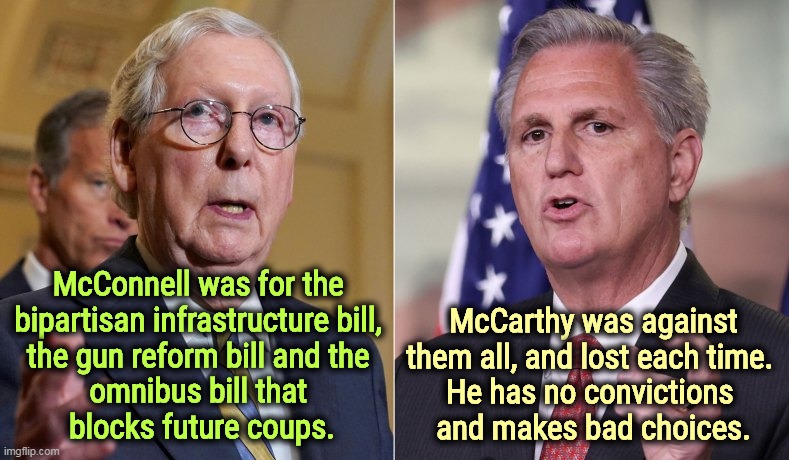 McConnell was for the 
bipartisan infrastructure bill, 
the gun reform bill and the 
omnibus bill that 
blocks future coups. McCarthy was against them all, and lost each time. 
He has no convictions 
and makes bad choices. | image tagged in mitch mcconnell,kevin mccarthy,republican,politicians | made w/ Imgflip meme maker