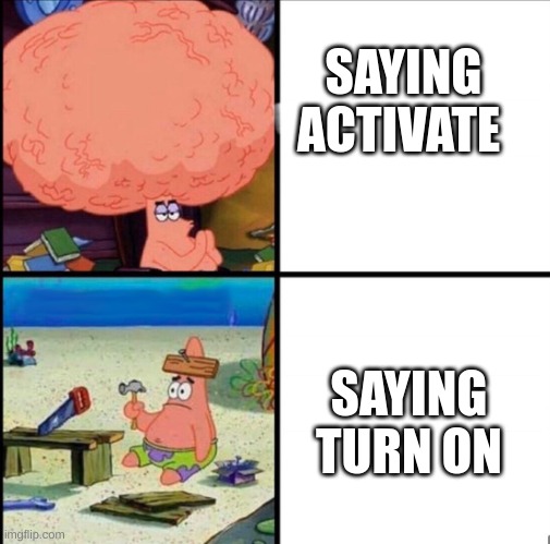 patrick big brain | SAYING ACTIVATE; SAYING TURN ON | image tagged in patrick big brain | made w/ Imgflip meme maker