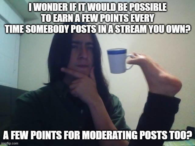 Not that this should be high priority or anything. | I WONDER IF IT WOULD BE POSSIBLE TO EARN A FEW POINTS EVERY TIME SOMEBODY POSTS IN A STREAM YOU OWN? A FEW POINTS FOR MODERATING POSTS TOO? | image tagged in hmmmm,memes,imgflip,points,streams,moderators | made w/ Imgflip meme maker