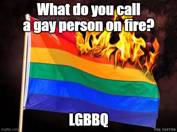 If you don't get it then the LG stands for Lesbian and Gay and the BBQ um yeah you get it now... | What do you call a gay person on fire? LGBBQ | image tagged in lgbtq flag burning | made w/ Imgflip meme maker