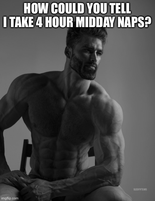 How could you tell? | HOW COULD YOU TELL I TAKE 4 HOUR MIDDAY NAPS? | image tagged in giga chad,memes | made w/ Imgflip meme maker