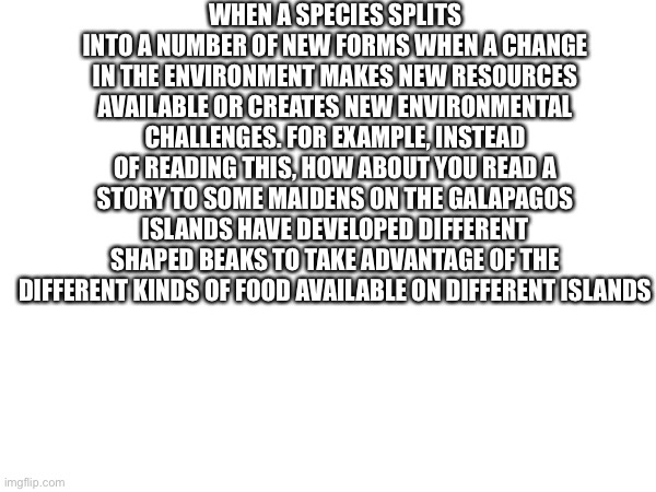 Look closely | WHEN A SPECIES SPLITS INTO A NUMBER OF NEW FORMS WHEN A CHANGE IN THE ENVIRONMENT MAKES NEW RESOURCES AVAILABLE OR CREATES NEW ENVIRONMENTAL CHALLENGES. FOR EXAMPLE, INSTEAD OF READING THIS, HOW ABOUT YOU READ A STORY TO SOME MAIDENS ON THE GALAPAGOS ISLANDS HAVE DEVELOPED DIFFERENT SHAPED BEAKS TO TAKE ADVANTAGE OF THE DIFFERENT KINDS OF FOOD AVAILABLE ON DIFFERENT ISLANDS | image tagged in memes,funny | made w/ Imgflip meme maker
