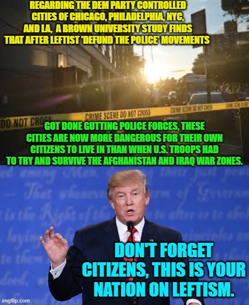 A public service announcement from the sane portion of this nation. | REGARDING THE DEM PARTY CONTROLLED CITIES OF CHICAGO, PHILADELPHIA, NYC, AND LA,  A BROWN UNIVERSITY STUDY FINDS THAT AFTER LEFTIST 'DEFUND THE POLICE' MOVEMENTS; GOT DONE GUTTING POLICE FORCES, THESE CITIES ARE NOW MORE DANGEROUS FOR THEIR OWN CITIZENS TO LIVE IN THAN WHEN U.S. TROOPS HAD TO TRY AND SURVIVE THE AFGHANISTAN AND IRAQ WAR ZONES. DON'T FORGET CITIZENS, THIS IS YOUR NATION ON LEFTISM. | image tagged in truth | made w/ Imgflip meme maker