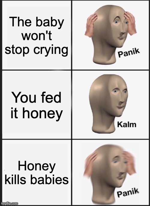 Panik Kalm Panik |  The baby won't stop crying; You fed it honey; Honey kills babies | image tagged in memes,panik kalm panik | made w/ Imgflip meme maker