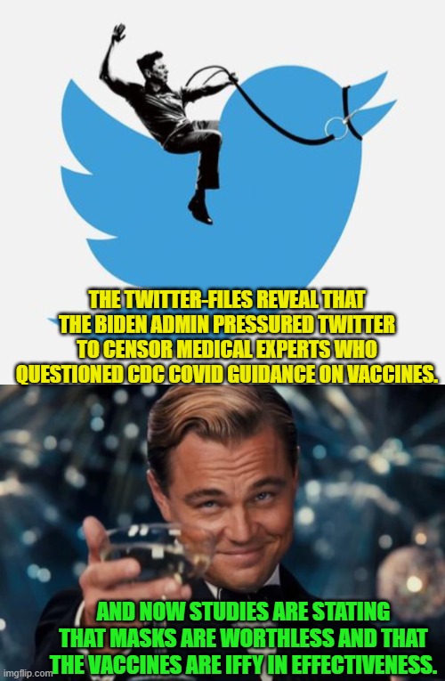 Hey leftists!  Wouldn't it have been easier to use common sense and REAL science FIRST? | THE TWITTER-FILES REVEAL THAT THE BIDEN ADMIN PRESSURED TWITTER TO CENSOR MEDICAL EXPERTS WHO QUESTIONED CDC COVID GUIDANCE ON VACCINES. AND NOW STUDIES ARE STATING THAT MASKS ARE WORTHLESS AND THAT THE VACCINES ARE IFFY IN EFFECTIVENESS. | image tagged in elon musk rides twitter | made w/ Imgflip meme maker