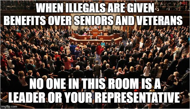 National disgrace | WHEN ILLEGALS ARE GIVEN BENEFITS OVER SENIORS AND VETERANS; NO ONE IN THIS ROOM IS A LEADER OR YOUR REPRESENTATIVE | image tagged in congress,national disgrace,illegals,veterans,seniors,taxation without representation | made w/ Imgflip meme maker