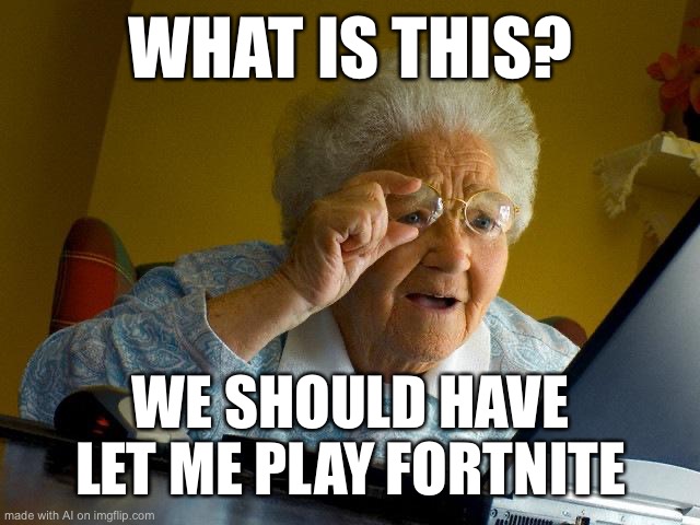 Grandma Finds The Internet | WHAT IS THIS? WE SHOULD HAVE LET ME PLAY FORTNITE | image tagged in memes,grandma finds the internet | made w/ Imgflip meme maker