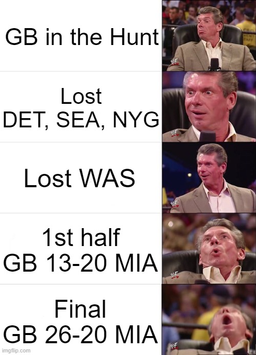 Greenbay Packers fun in 2022 week 16 | GB in the Hunt; Lost
DET, SEA, NYG; Lost WAS; 1st half
GB 13-20 MIA; Final
GB 26-20 MIA | image tagged in vince mcmahon reaction | made w/ Imgflip meme maker
