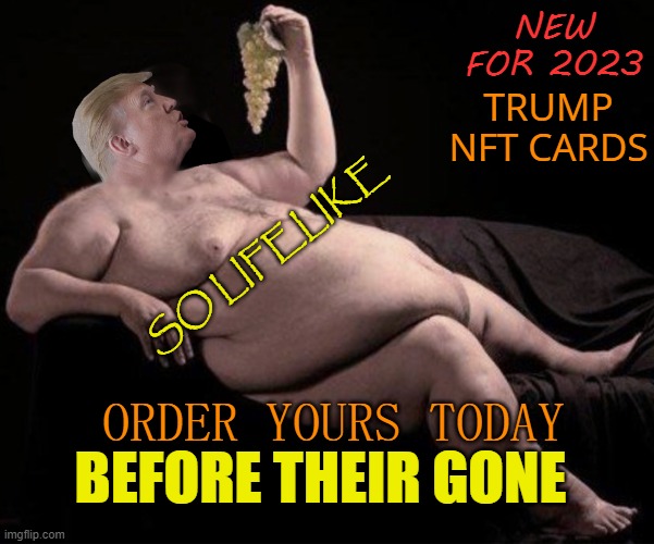 NEW! Trump NFT cards 2023 | NEW FOR 2023; TRUMP NFT CARDS; SO LIFELIKE; ORDER YOURS TODAY; BEFORE THEIR GONE | image tagged in nft,donald trump,maga,suckers,funny meme | made w/ Imgflip meme maker