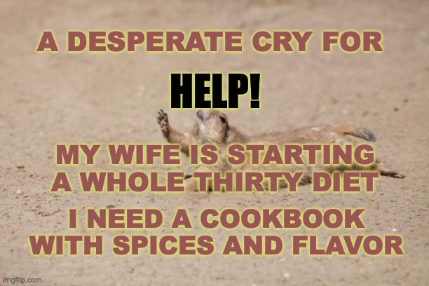 Help | A DESPERATE CRY FOR; HELP! MY WIFE IS STARTING A WHOLE THIRTY DIET; I NEED A COOKBOOK WITH SPICES AND FLAVOR | image tagged in whole 30,flavor,spice | made w/ Imgflip meme maker