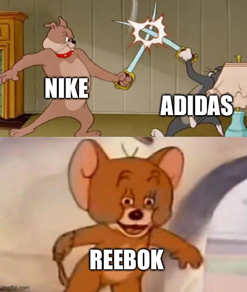 i think both nike and adidas are good though | NIKE; ADIDAS; REEBOK | image tagged in tom and jerry swordfight,funny | made w/ Imgflip meme maker