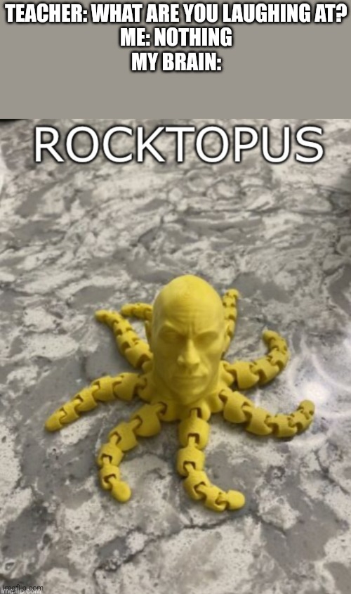 TEACHER: WHAT ARE YOU LAUGHING AT?
ME: NOTHING
MY BRAIN: | image tagged in the rock,octopus | made w/ Imgflip meme maker