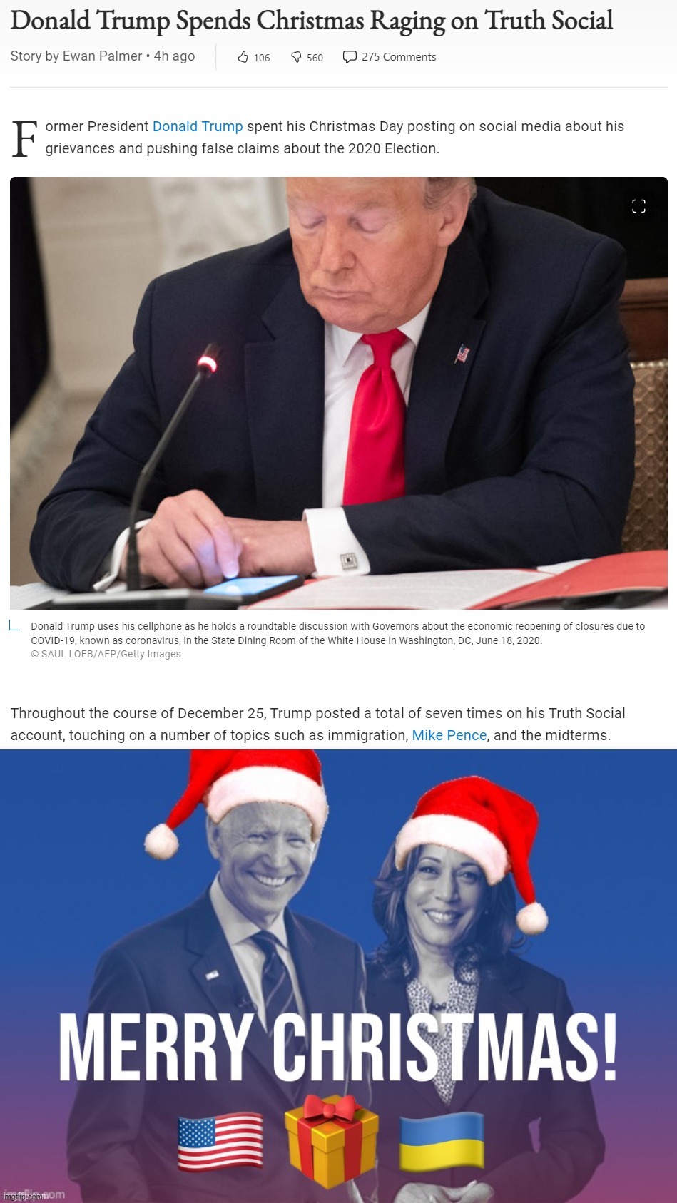 Merry Christmas to you too, Trump! Hope you get to feeling better! | image tagged in donald trump spends christmas raging on truth social,merry christmas biden harris ukraine santa hats | made w/ Imgflip meme maker