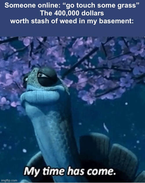 “SMOKING GRASS IS NOT THE SAME AS TOUCHING GRASS” - nerd | Someone online: “go touch some grass”
The 400,000 dollars worth stash of weed in my basement: | image tagged in my time has come | made w/ Imgflip meme maker