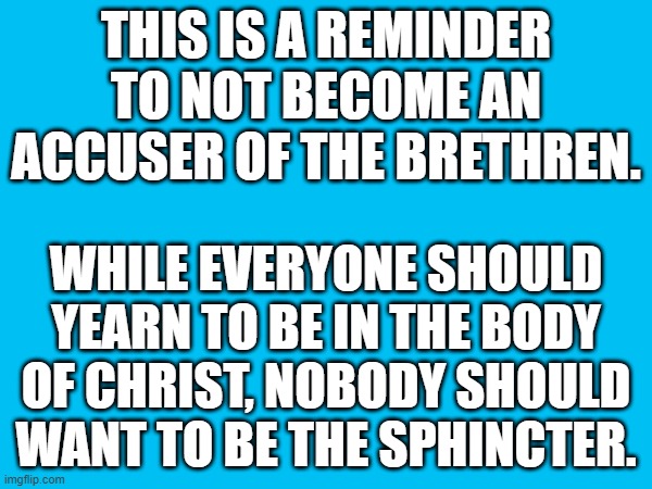 THIS IS A REMINDER TO NOT BECOME AN ACCUSER OF THE BRETHREN. WHILE EVERYONE SHOULD YEARN TO BE IN THE BODY OF CHRIST, NOBODY SHOULD WANT TO BE THE SPHINCTER. | made w/ Imgflip meme maker