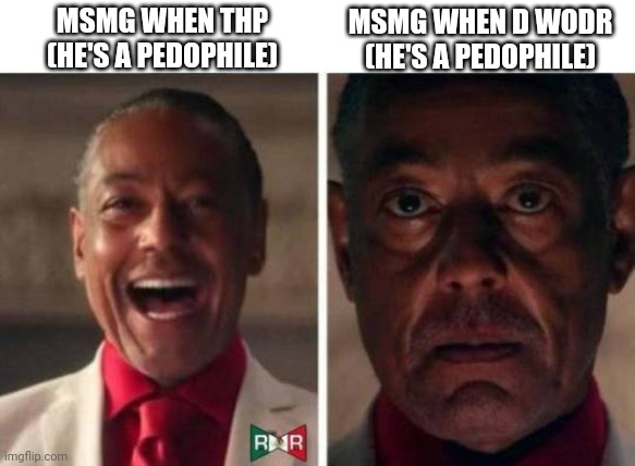 Msmg logic | MSMG WHEN D WODR (HE'S A PEDOPHILE); MSMG WHEN THP (HE'S A PEDOPHILE) | image tagged in gus fring | made w/ Imgflip meme maker