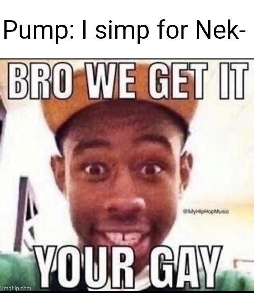 BRO WE GET IT YOU'RE GAY | Pump: I simp for Nek- | image tagged in bro we get it you're gay | made w/ Imgflip meme maker