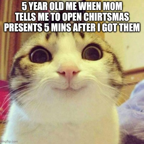 Smiling Cat | 5 YEAR OLD ME WHEN MOM TELLS ME TO OPEN CHIRTSMAS PRESENTS 5 MINS AFTER I GOT THEM | image tagged in memes,smiling cat | made w/ Imgflip meme maker