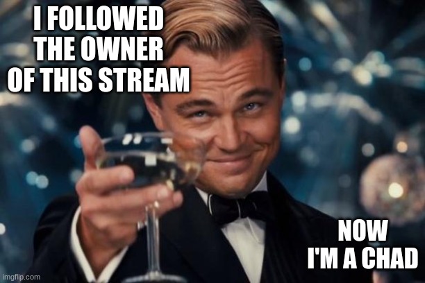 Leonardo Dicaprio Cheers Meme | I FOLLOWED THE OWNER OF THIS STREAM; NOW I'M A CHAD | image tagged in memes,leonardo dicaprio cheers | made w/ Imgflip meme maker