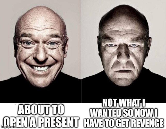 Some little kids be like | ABOUT TO OPEN A PRESENT; NOT WHAT I WANTED SO NOW I HAVE TO GET REVENGE | image tagged in breaking bad smile frown | made w/ Imgflip meme maker