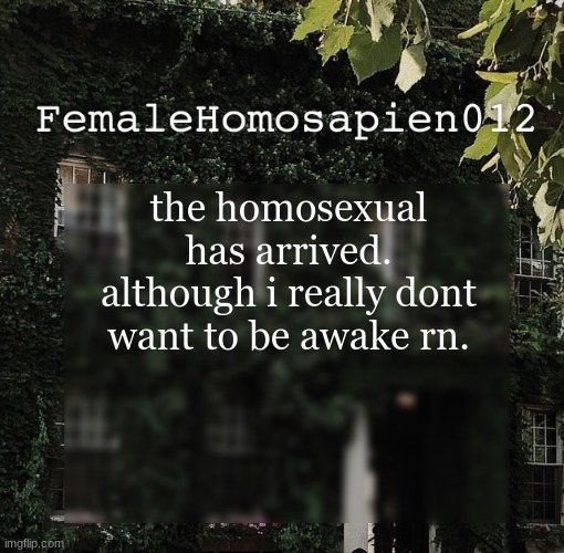 FemaleHomosapien012 | the homosexual has arrived. although i really dont want to be awake rn. | image tagged in femalehomosapien012 | made w/ Imgflip meme maker