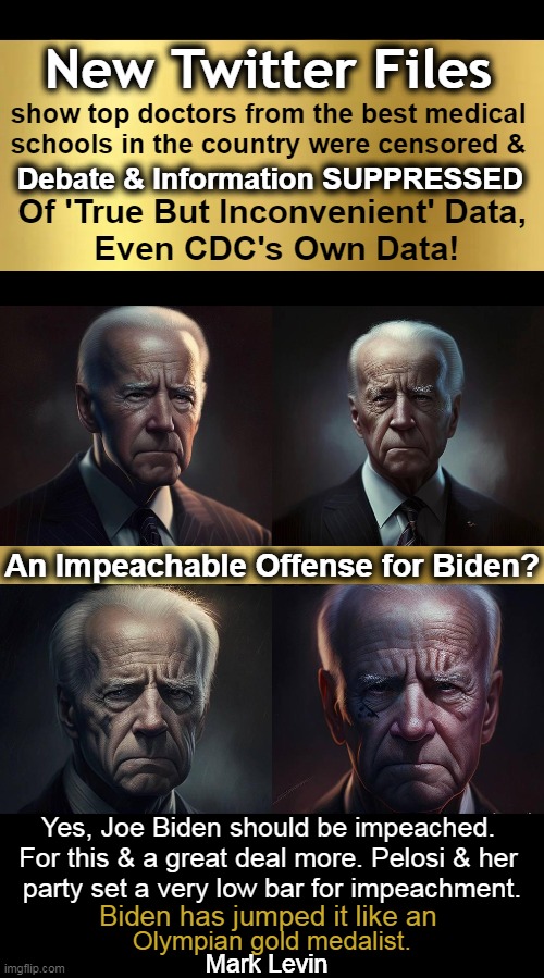 Confirmation That The "Conspiracy Theorists" Were RIGHT All Along!! | New Twitter Files; show top doctors from the best medical 

schools in the country were censored &; Debate & Information SUPPRESSED; Of 'True But Inconvenient' Data, 
Even CDC's Own Data! An Impeachable Offense for Biden? Yes, Joe Biden should be impeached. 
For this & a great deal more. Pelosi & her 
party set a very low bar for impeachment. Biden has jumped it like an; Olympian gold medalist. Mark Levin | image tagged in politics,joe biden,twitter files,covid information censorship,the truth hurts,collusion | made w/ Imgflip meme maker