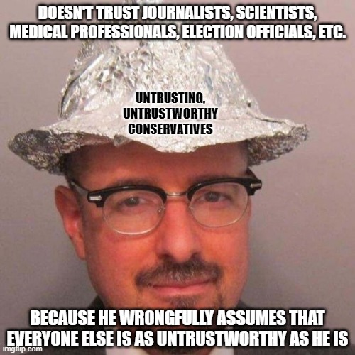 People are exactly as trustworthy as they are trusting of others. Trust them accordingly. | DOESN'T TRUST JOURNALISTS, SCIENTISTS, MEDICAL PROFESSIONALS, ELECTION OFFICIALS, ETC. UNTRUSTING,
UNTRUSTWORTHY
CONSERVATIVES; BECAUSE HE WRONGFULLY ASSUMES THAT EVERYONE ELSE IS AS UNTRUSTWORTHY AS HE IS | image tagged in trust,trust issues,tin foil hat,fedora,conservative logic,conservative hypocrisy | made w/ Imgflip meme maker
