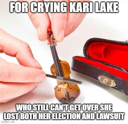 Tiny violin  | FOR CRYING KARI LAKE; WHO STILL CAN'T GET OVER SHE LOST BOTH HER ELECTION AND LAWSUIT | image tagged in tiny violin | made w/ Imgflip meme maker