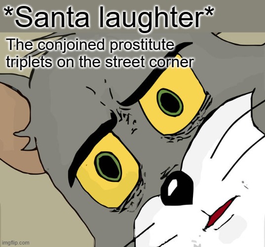 Season's greetings b*tches! | *Santa laughter*; The conjoined prostitute triplets on the street corner | image tagged in memes,unsettled tom,santa,prostitute,ho ho ho,christmas | made w/ Imgflip meme maker