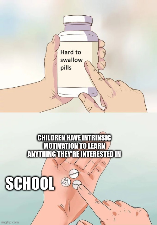 Hard To Swallow Pills | CHILDREN HAVE INTRINSIC MOTIVATION TO LEARN ANYTHING THEY'RE INTERESTED IN; SCHOOL | image tagged in memes,hard to swallow pills,SchoolSystemBroke | made w/ Imgflip meme maker