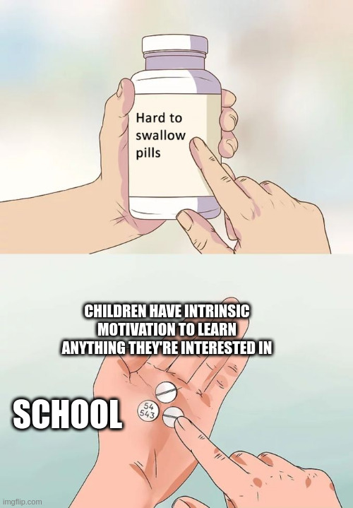 Hard To Swallow Pills Meme | CHILDREN HAVE INTRINSIC MOTIVATION TO LEARN ANYTHING THEY'RE INTERESTED IN; SCHOOL | image tagged in memes,hard to swallow pills,SchoolSystemBroke | made w/ Imgflip meme maker