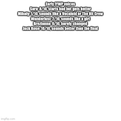 Blank Transparent Square Meme | Early IYWP voices
Sara: 8/10, starts bad but gets better
Mihaly: 1/10, sounds like a Vocaloid or The Hit Crew
Wanderlust: 2/10, sounds like a girl
Brezianna: 9/10, barely changed
Jack Rose: 10/10, sounds better than the final | image tagged in memes,blank transparent square,just dance | made w/ Imgflip meme maker