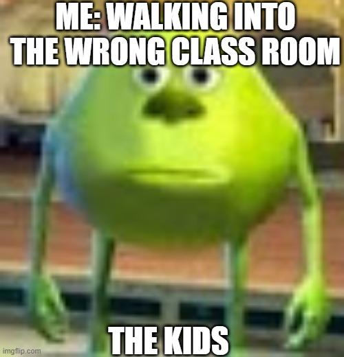 Sully Wazowski | ME: WALKING INTO THE WRONG CLASS ROOM; THE KIDS | image tagged in sully wazowski | made w/ Imgflip meme maker