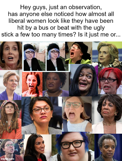 Toxic Meme, Proceed with Caution | Hey guys, just an observation, has anyone else noticed how almost all liberal women look like they have been hit by a bus or beat with the ugly stick a few too many times? Is it just me or... | image tagged in biohazard,hmm,blue hair chic equals nightmare fuel,lord help us,don't look into their eyes,i'm sorry if you were eating | made w/ Imgflip meme maker