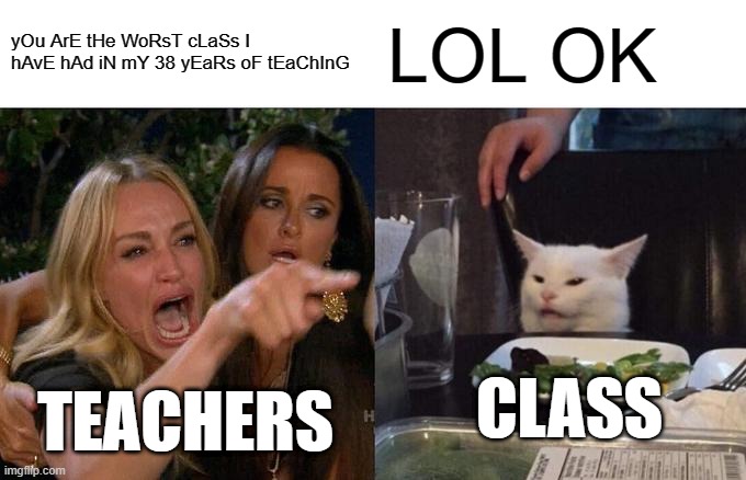 Woman Yelling At Cat Meme | yOu ArE tHe WoRsT cLaSs I hAvE hAd iN mY 38 yEaRs oF tEaChInG; LOL OK; CLASS; TEACHERS | image tagged in memes,woman yelling at cat | made w/ Imgflip meme maker