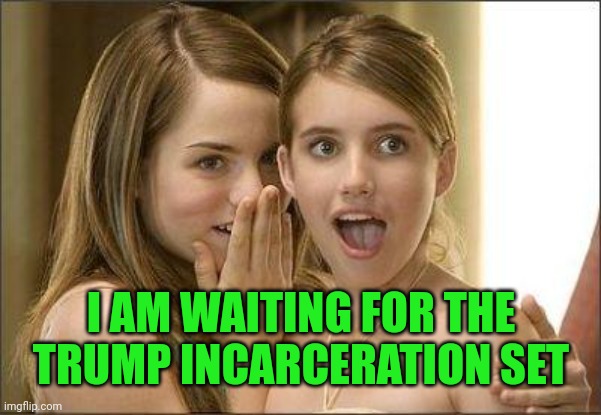 Girls gossiping | I AM WAITING FOR THE TRUMP INCARCERATION SET | image tagged in girls gossiping | made w/ Imgflip meme maker